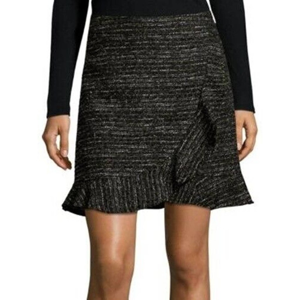 NANETTE LEPORE Metallic Tweed Ruffle Trim Mini Skirt Gold Black Lined 8 M